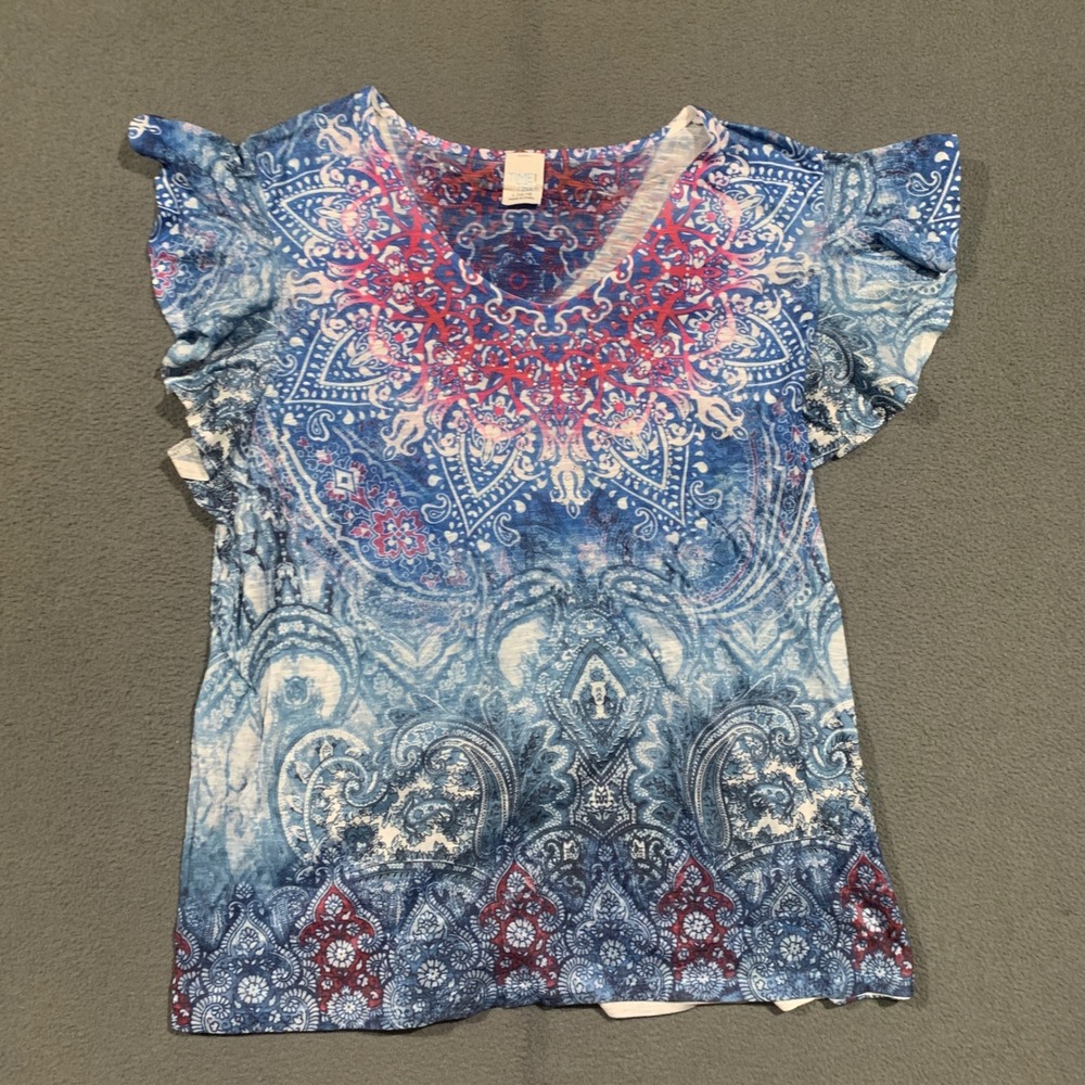 Womens L Y2K Red White Blue Paisley Mandala Ruffle Sleeve V-Neck Top Hippie